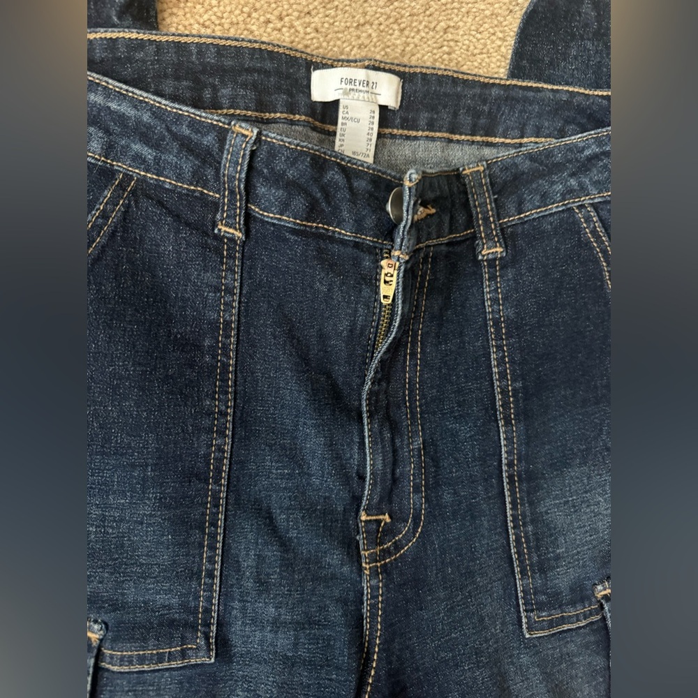 Forever 21 Cargo Jeans Dark Wash‎ Denim Straight Legside pockets 80’s y2k - Picture 5 of 11